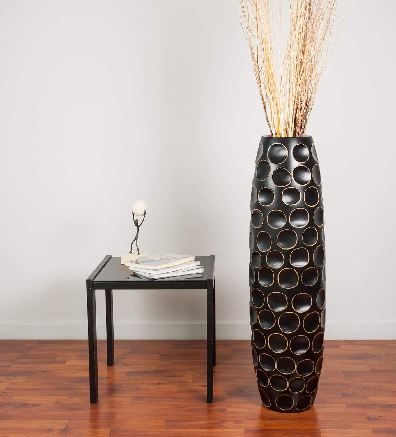 Legno di Mango 15x41 cm Nero Leewadee Piccolo Vaso da Terra per Rami