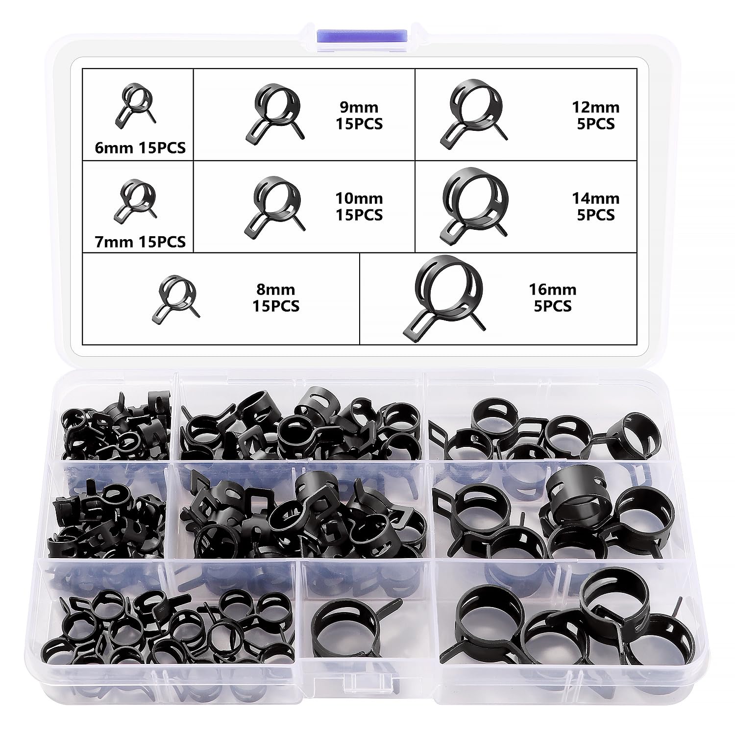 YIXISI 90 PCS Spring Clamps for Fuel Line, Water Pipe, Air Tube, Silicone Vacuum - 6/7/8/9/10/12/14/16 mm Hose Clips, Black Fasteners for Drain