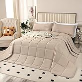 SOULOOOE 128x120 Oversized King Plus Comforter, Extra Large King Size Quilts 3 Pieces Lightweight Reversible Down Alternative Comforter for All Season with 8 Corner Tabs -Beige
