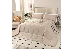 SOULOOOE 128x120 Oversized King Plus Comforter, Extra Large King Size Quilts 3 Pieces Lightweight Reversible Down Alternative Comforter for All Season with 8 Corner Tabs -Beige