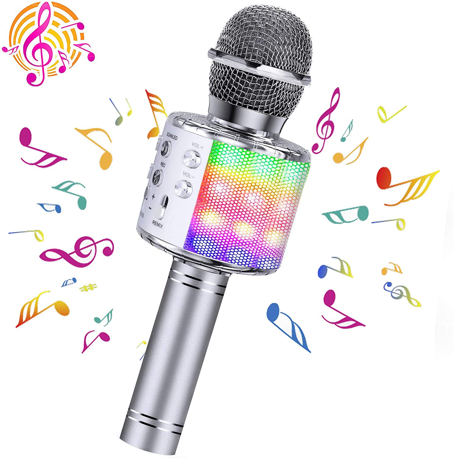 ShinePick Karaoke Wireless Microphone, 5 in 1 Recording & Singing Bluetooth Microphone for Kids Adults, Dancing LED Lights Portable Speaker Karaoke Machine for Phone/Pad/TV (Sliver)