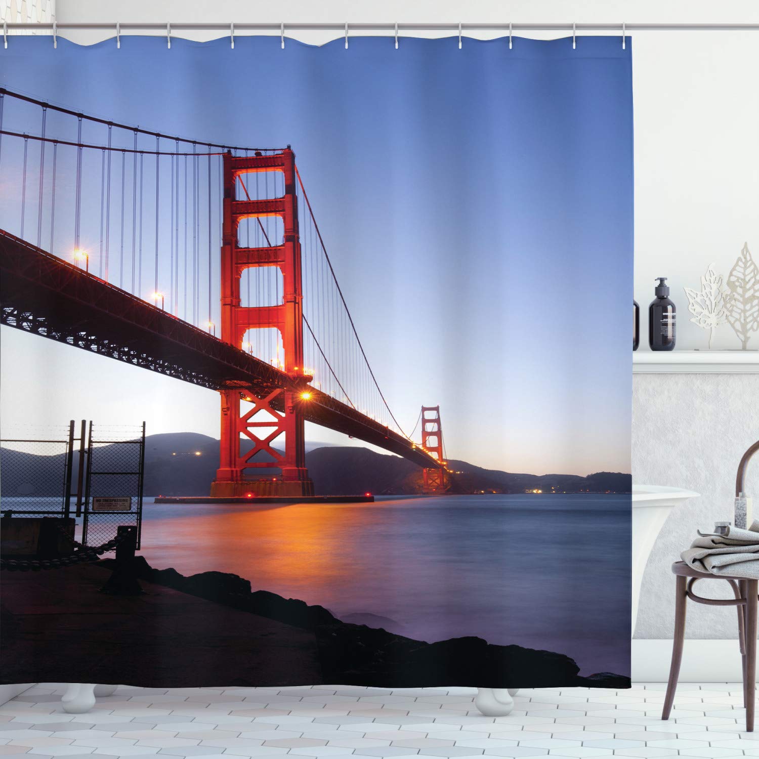 ABAKUHAUS Cityscape Shower Curtain, San Francisco Bridge USA City View Golden Gate Traveling Destination, Cloth Fabric Bathroom Decor Set with Hooks, 70 Inches, Orange Violet Blue
