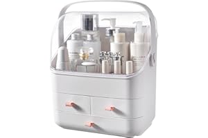 BRÜUN BRUUN Skin Care Cosmetic Storage Bin – A Large White Colored Dust and Water Proof Makeup Box with a Fully Open Lid & Drawers to Hold Brushes, Lotions, etc. for Countertop, Vanity, and Bathroom Dresser