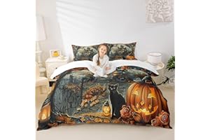 Manfei Halloween Duvet Cover Set Queen Size, Floral Pumpkin Black Print Bedding Set for Kids Boys Girls Room Decor, Black Castle Comforter Cover, Soft Polyester Quilt Cover,2 Pillowcases,No Comforter