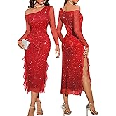DRESSTELLS Women‘s Formal Wedding Guest Long Cocktail Party Mesh Sparkly Sequin Bodycon Slit Maxi Dress