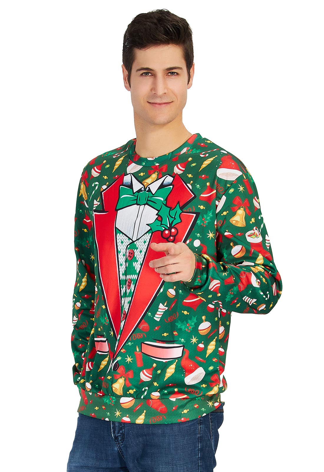 TUONROAD Ugly Birthday Christmas Sweatshirt Hilarious Fake Red White Suit Cardigan Green Bow Tie Small Gold Bells Balls Funny Xmas Holiday Party Santa Women Men Long Sleeve Pullover Sweater