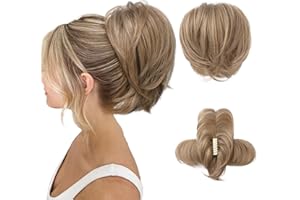 HOOJIH Ponytail Extension, Claw Clip in Straight Hair Bun Messy Bun 9 Inch Short Ponytail with Bendable Metal Wire Hair Pieces for Women Fake Hair Bun DIY Styles - Deep Blonde and Light Blonde mixed