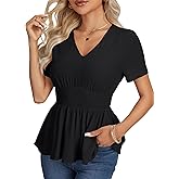 LYANER Women's Peplum V Neck Shirred Roll up Sleeve Slim Fit Ruffle Work Office Blouse Tops