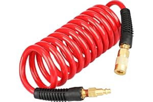 YOTOO Polyurethane Recoil Air Hose 3/8" Inner Diameter by 10' Long with Bend Restrictor, Repairable 1/4" Industrial Quick Coupler and Plug, Red