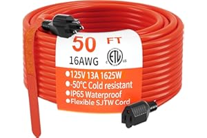 HUANCHAIN 50 FT 16 Gauge Indoor Outdoor Extension Cord Waterproof, Flexible Cold Weather 3 Prong Electric Cord Outside, 13A 1625W 125V 16AWG SJTW, Orange ETL Listed