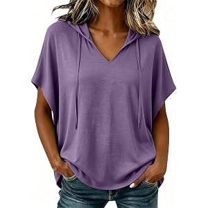 JOAU Plus Size Hoodies for Women V Neck Short Sleeve Lightweight Shirts Summer Casual Loose Pullover Hooded Tops Blouse