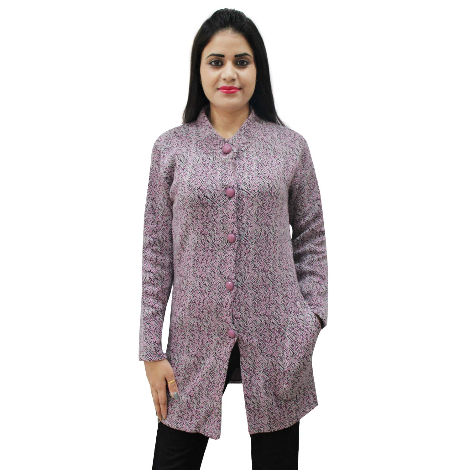 matelco womens woollen brown printed buttoned cardigan/coat with pockets