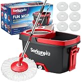 Sarkunpio Spin Mop and Bucket Set with 6 Mop Heads, Dark Grey | Floor mop with wringer, hand-press wringing, 61" extra-long handle, spinning mopping floor cleaning system for home floors