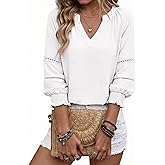Dokotoo Womens 3/4 Sleeve Tops Pleated Business Casual Outifits V Neck Blouses Office Loose Shirts