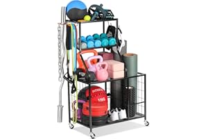 AHOWPD Weight Rack Home Gym Storage, Yoga Mat Storage Rack Workout Equipment Storage Rack for Dumbbells Kettlebell Resistance Band, Exercise Equipment Gym Rack Organizer with Wheel and Levelling Feet