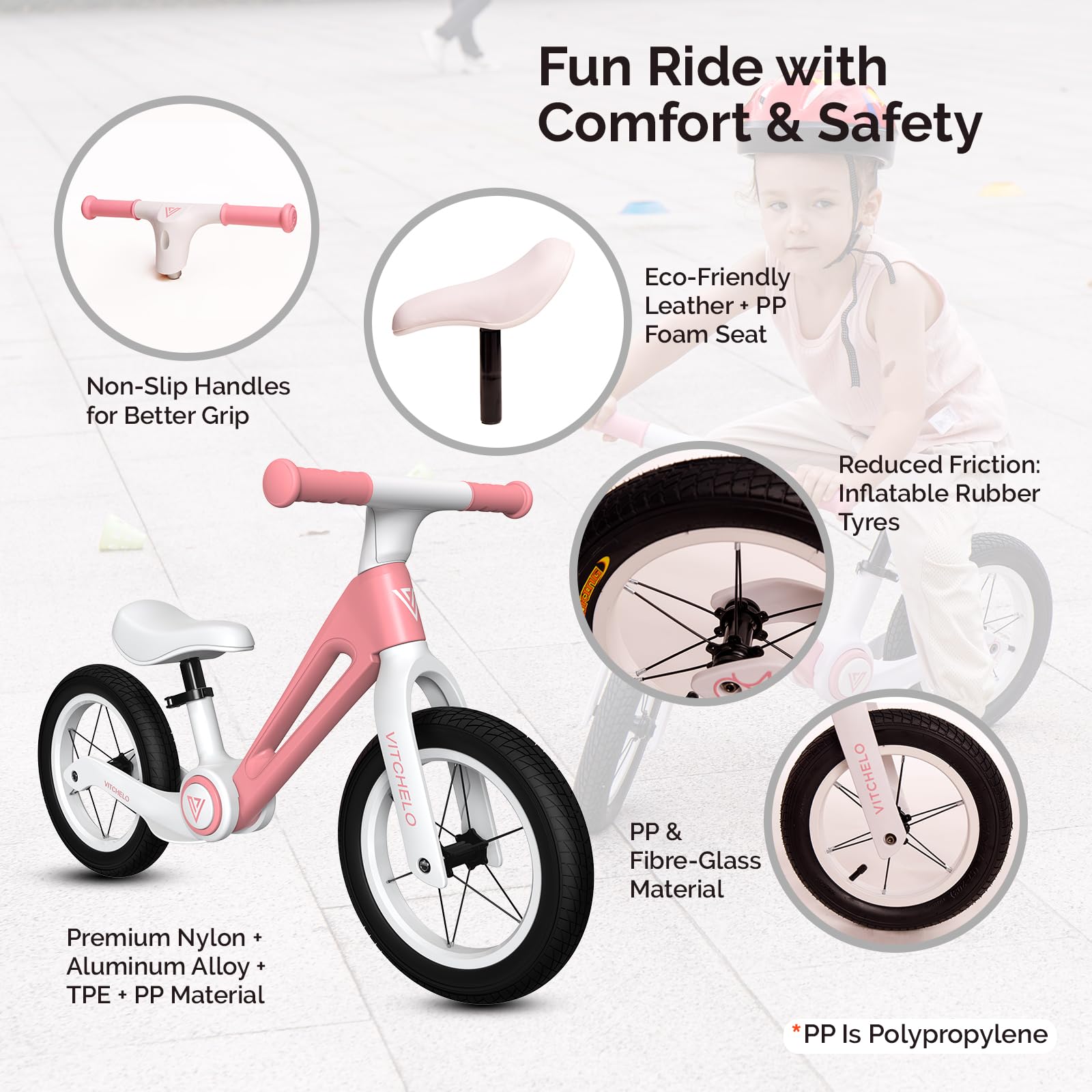 Vitchelo 12” Foldable Toddler Balance Bike, No Pedal Push Balance Bicycle for Kids 2 to 6 Year, Sport Bike with Adjustable Padded Seat, Safety Pad, Flat-Free Tires, Shoulder Strap & Tool Free Assembly