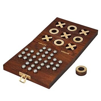 Fine Craft India Wooden Tic Tac Toe and Solitaire Board Game, Traditional Challenging Board Game for Kids and Adults (Weaight: 480 Gm)