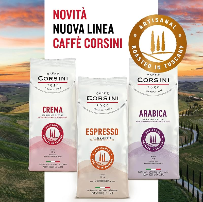 Caffè Corsini - Café en Grains Espresso 1 Kg, Mélange Classique Arabica et Robusta, Torréfaction Moyennement Sombre, Café Corsé Intense à l'Arôme Plein, Origine Amérique du Sud et Afrique