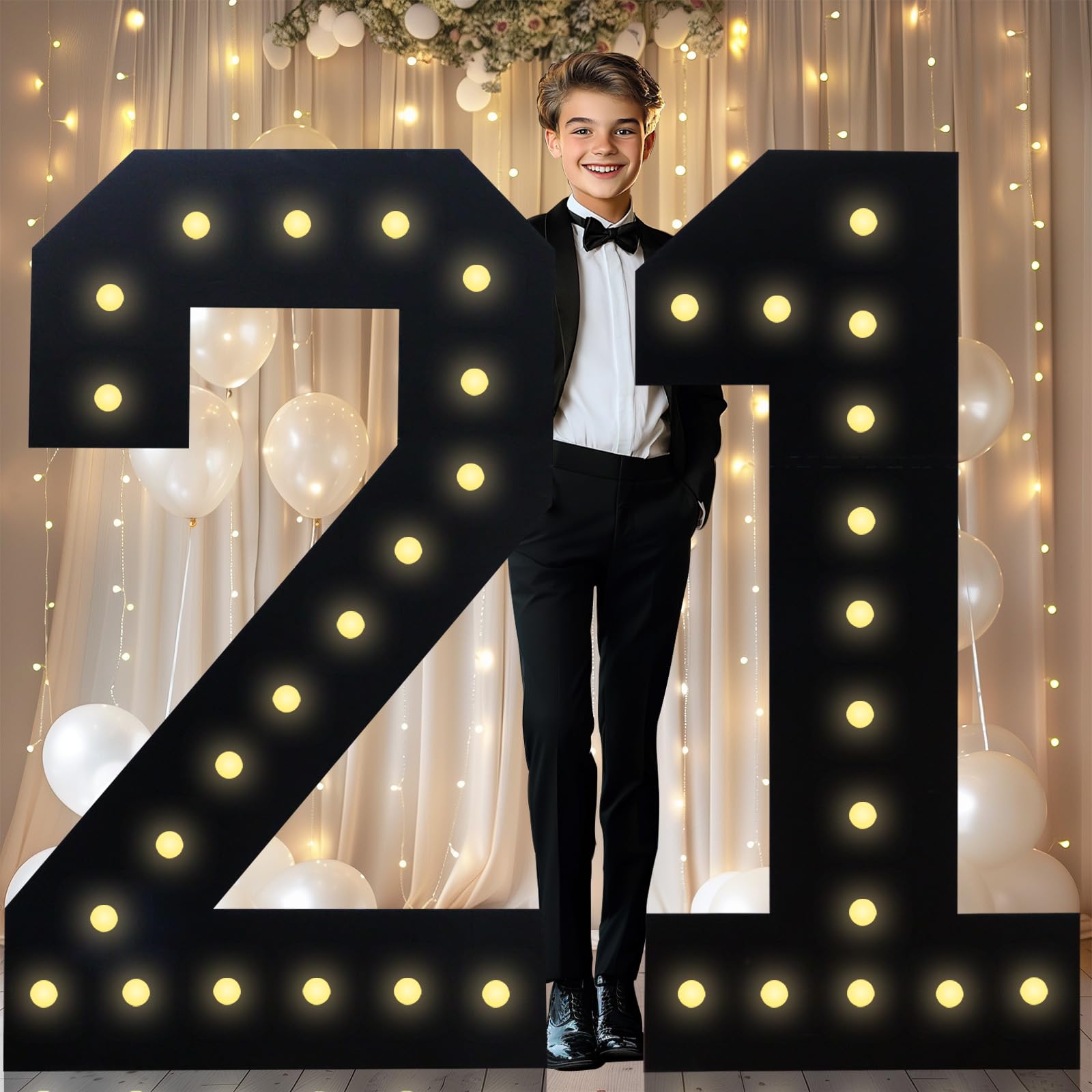 Photo 1 of 4FT Marquee Light Up Numbers, Black Giant Marquee Number Big Mosaic Number for 21th Birthday Party Decorations Backdrop 21 Anniversary Decor, Pre-Cut Frame Large Number 21