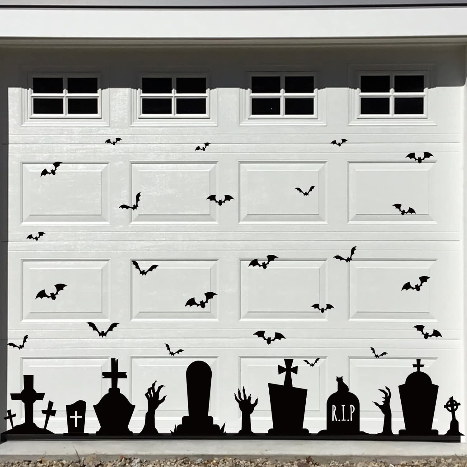 Garage Door Decorations - Ivenf Halloween Garage Door Decorations, Waterproof Reusable Tombstones Silhouette Wall Decals, 8 Tombstones Graveyard Stickers, 3 Skeleton Hands and 39 Bats for Outdoor Indoor Party Supplies, Black