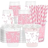 JarThenaAMCS 100Pcs Bow Plastic Cups with Lids and Straws Pink White Bowknot Clear Plastic Cups 12oz Coquette Disposable Cup for Birthday Wedding Party Supplies