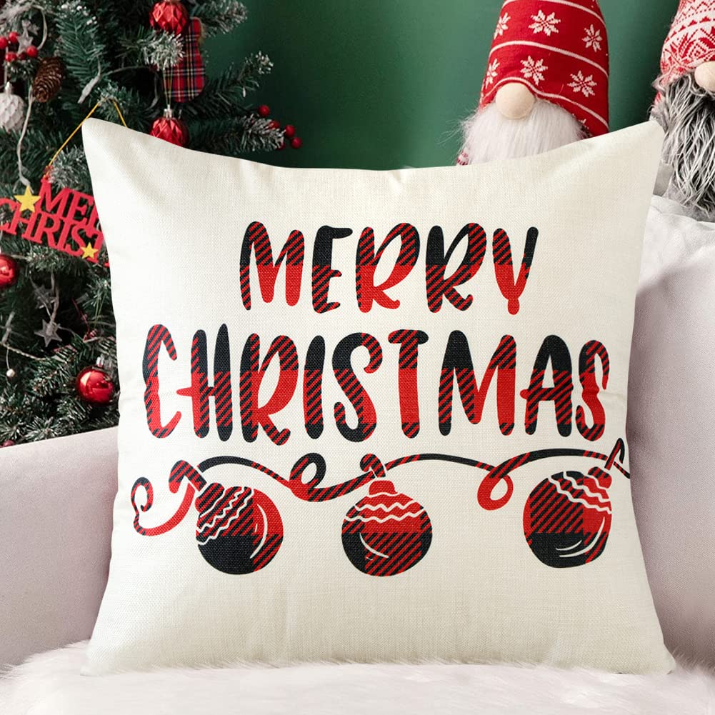 JOTOM Christmas Cushion Covers 45x45cm Red Merry Christmas Throw Pillow Covers 18x18 Inch Xmas Sofa Pillowcases Cushion Case for Couch Bedroom Winter Holiday Outdoor Home Decor (MERRY CHRISTMAS)
