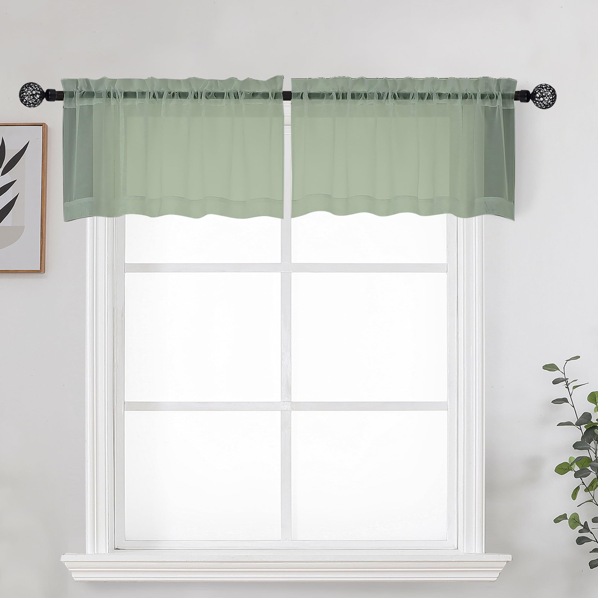 Photo 1 of OWENIE Sage Sheer Kitchen Valance for Windows Set of 2, Short Modern Rod Pocket Voile Valance Curtain Window Treatment Decor for Living Room Bathroom Cafe Laundry Basement, 42" W x 14" L