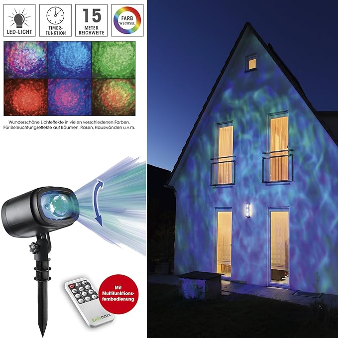 EASYmaxx 06207 LED Projektionslampe Sternenhimmel | Projektor für mehrfarbige Lichteffekte | Beleuchtung mit Farbwechsel & Fe