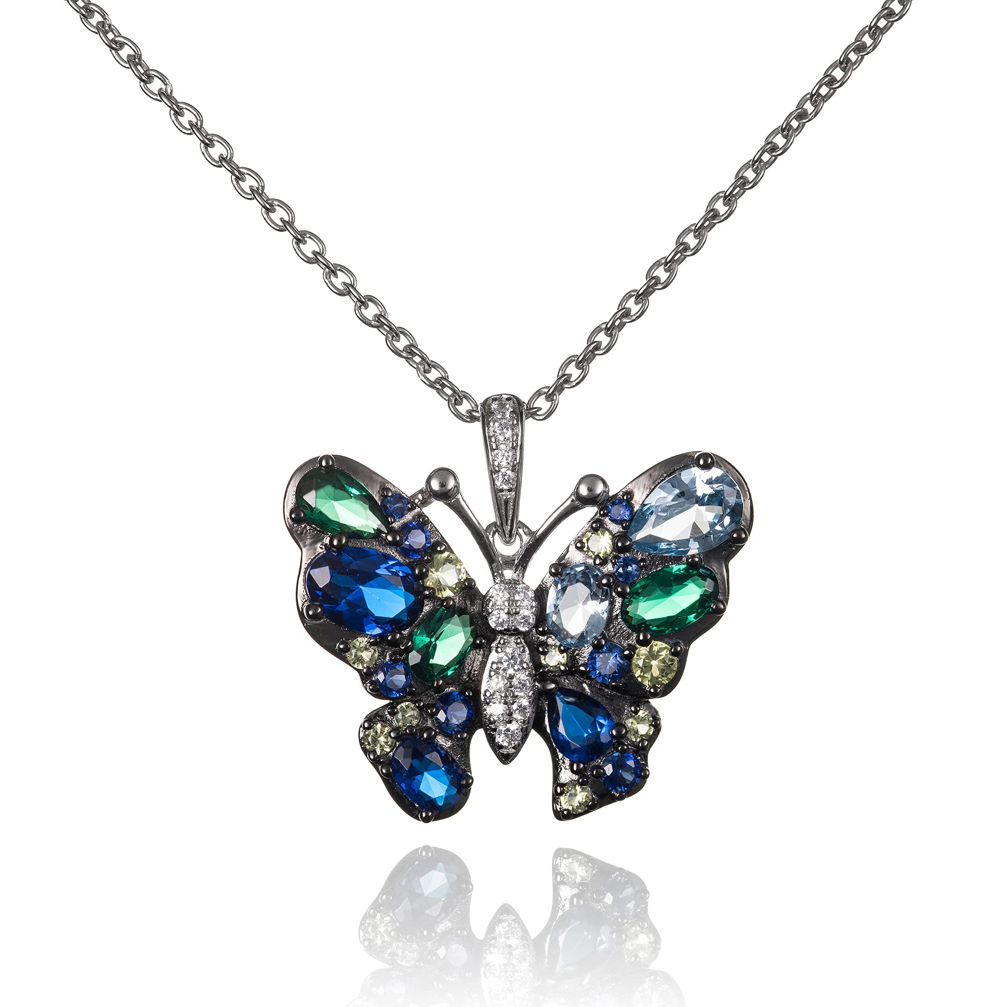 namana 925 Sterling Silver Butterfly Pendant Necklace for Women. Butterfly Necklace for Women with Blue, Green, and Yellow Stones. Silver Chain and Butterfly Pendant for Women in Sterling Silver