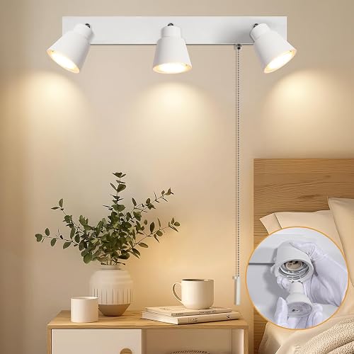 TaFiCo 3 Way White Wall Lights with Pull Cord Switch GU10 - Modern Pull Cord Light Switch 350° Rotatable - Indoor Wall Sconce Lights for Bedroom Bedside Living Room Kitchen Desk - Bulb Not Included