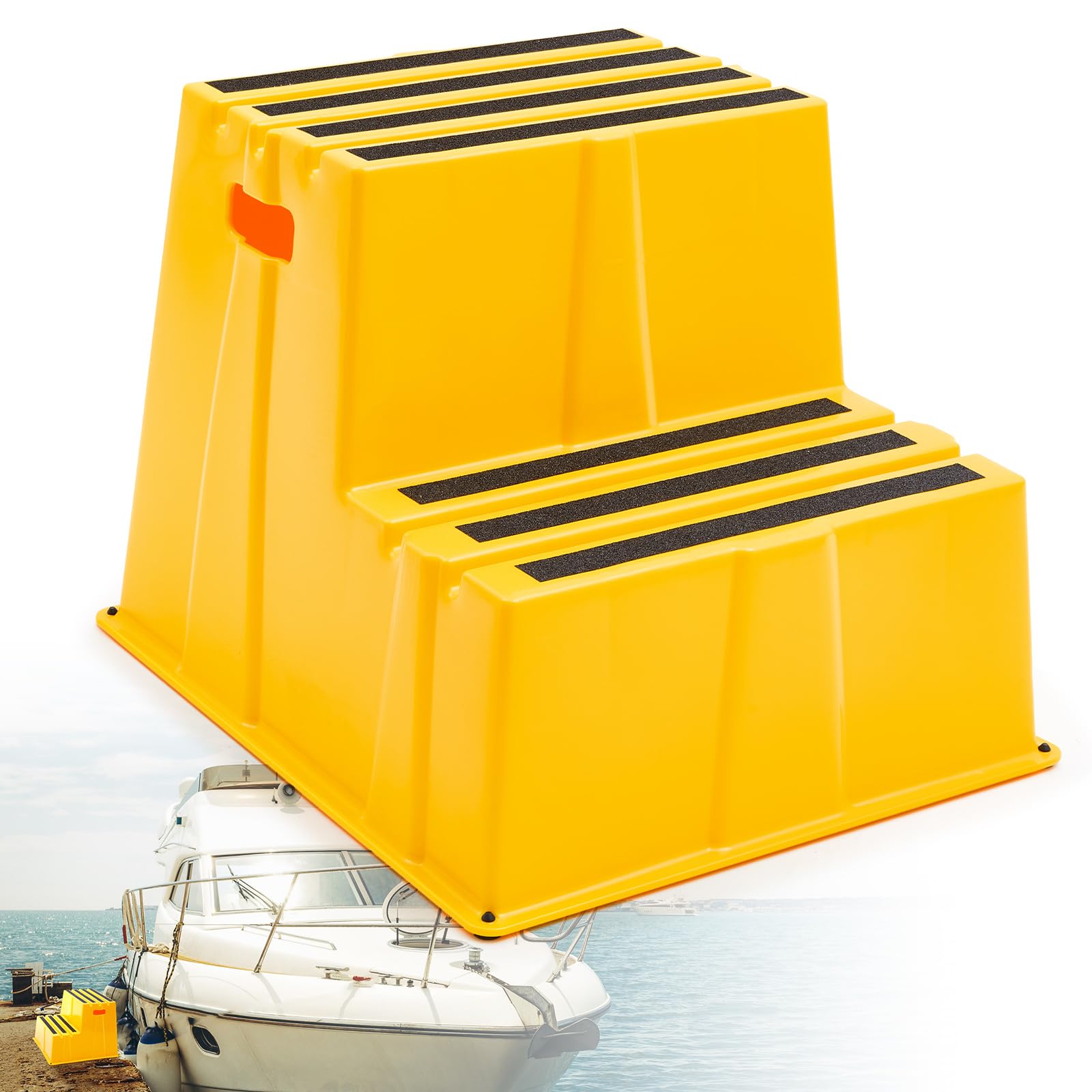 Photo 1 of AceOrbit 26" x 22.6" x 19.7" Lightweight Reliability Boat Dock Steps, Anti Slip Step Stool UV Resistant PE Yellow Boat Ladder with High Visibility for Safety Home Office Industrial Use(Double Step)