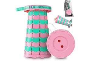 XplrKamp Retractable Folding Stool - Heavy Duty 400 lb Collapsible Portable Stool for Camping, Hiking, Fishing, Indoor/Outdoor with Non-Slip Base and Lightweight Design (Pink Green, 1-Pack)