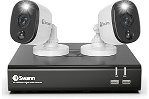 Swann Home DVR Security Camera System with 1TB HDD, 4 Channel 2 Camera, 1080p Full HD Video, Indoor or Outdoor Wired Surveillance CCTV, Color Night Vision, Heat Motion Detection, LED Lights, 445802