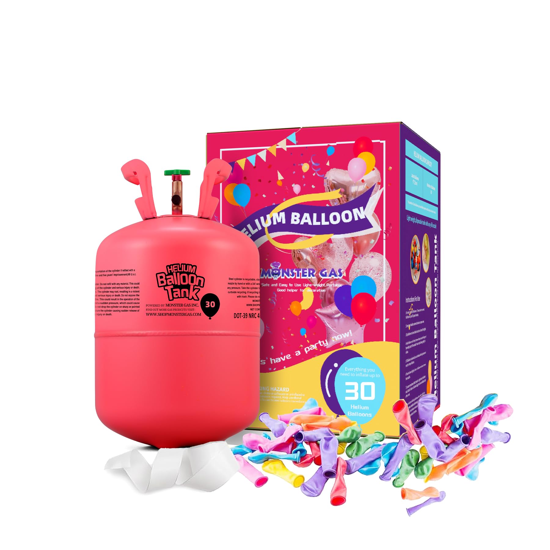 Monster Gas 7L Helium Tank For Balloons At Home, Balloon Helium Tank Up To 30 Latex Balloons, Small Helium Tanks