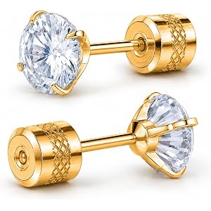 Silver Four Claw Titanium Steel Earrings For Men Women, Set With Sparkling Round Cubic Zirconia, Lightweight Hypoallergenic S