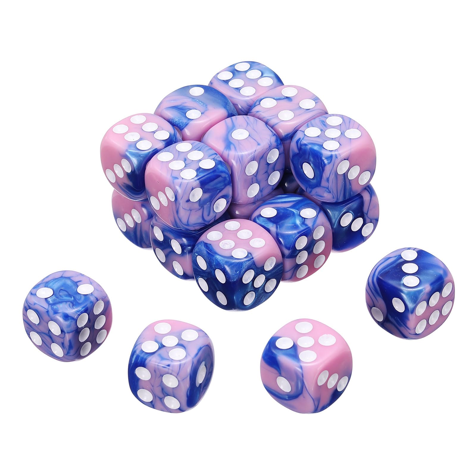 sourcing map 20Pcs 6 Sided Colored Standard Dice, 16mm Acrylic D6 Mini Polyhedral Pearl Pattern Two Tone Colors Game Dice Set for Table Games, Pink/Blue, White Point