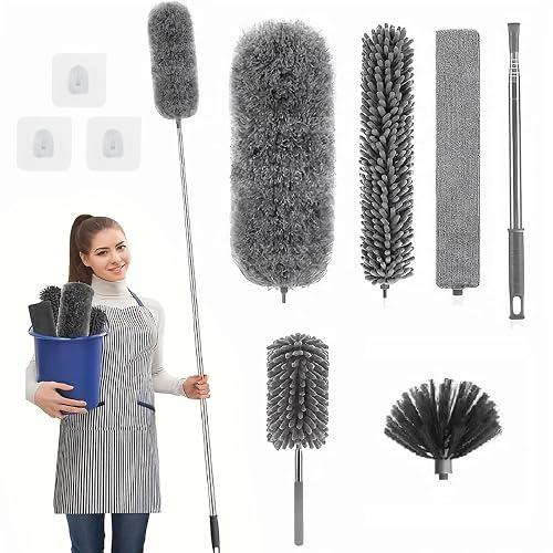 SENLINLIN Telescopic Long Extendable Duster, 9 Pieces Washable Telescopic Duster Bendable Corner Brush, Cobweb Broom Spider Web Remover, Long Extendable up to 280cm, Gaps Blankets, Cobwebs