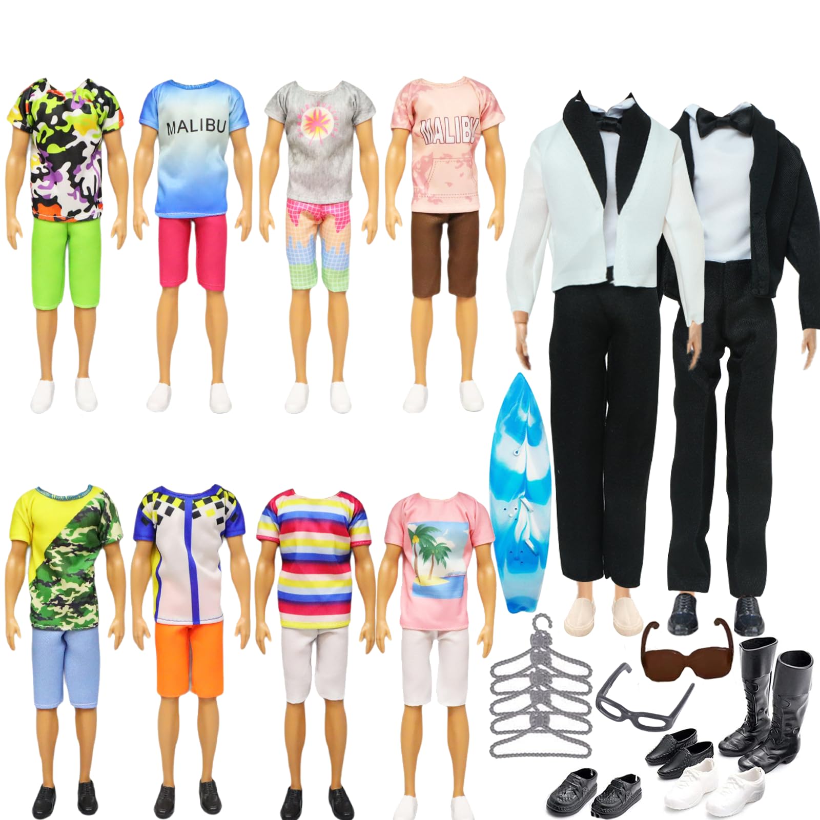 32 PCS Dolls Clothes Compatible with Ken Doll Clothes, Including 1 Suit Set, 5 Tops 5 Pants, 12 Shoes 5 Hangers 1 Earphone 1 Surfboard for Kids Boys Girls Party Play(Random Style)