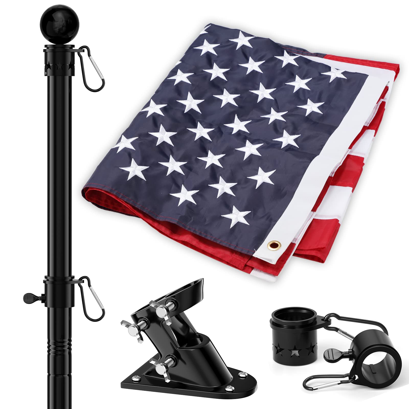 Photo 1 of American Flag and Flag Pole for House Outside, 5ft Heavy Duty Flag Poles Kit with 3x5 Embroidered USA Flag, Tangle Free Steel Black Flag Pole with Bracket for Residential, Commercial, Outdoors Garden