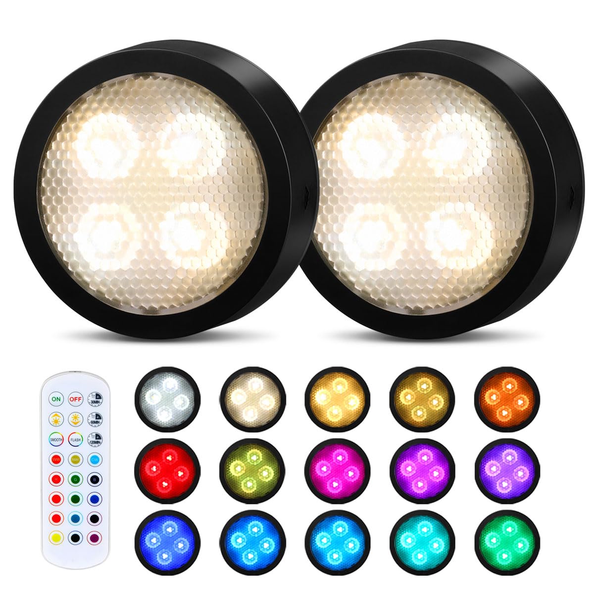Photo 1 of Puck Lights with Remote Timer, Under Cabinet Kitchen Lights Battery Operated LED Lights, Stick on Shelf Lights Wireless Counter Lights, RGB Color Changing Display Lights, 2 Pack Black