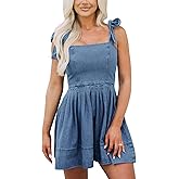 Women's Summer Tie Shoulder Sleeveless Denim Mini Dress Casual Flowy Swing Pleated Short Denim Dress