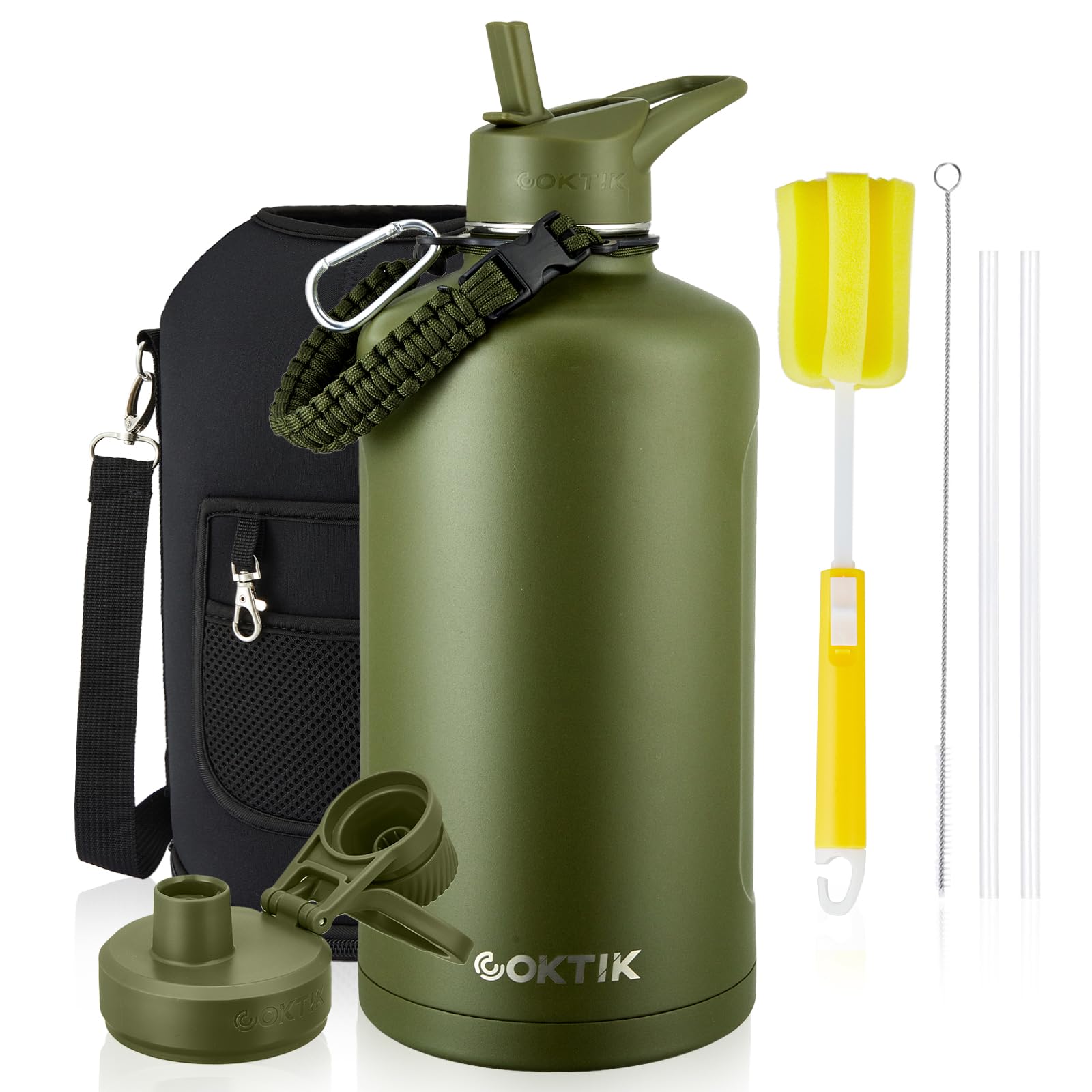 Photo 1 of COKTIK 128 oz Insulated Water Bottle, Triple Wall Stainless Steel Flask, Keeps Drinks Cold for 48 Hrs Leak-Proof & BPA-Free Half Gallon Jug with Paracord Handle, Straw & Spout Lids(Army Green)