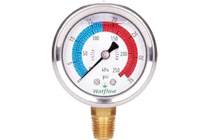 Watflow 2" Dial Pool Filter Pressure Gauge, Glycerine Filled, 304 Stainless Steel Case, 1/4" NPT Lower Mount
