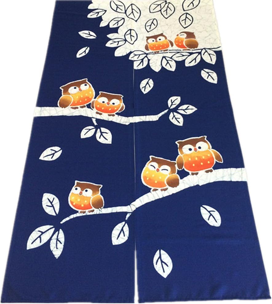 LIGICKY Japanese Noren Doorway Curtain Tapestry for Home Decorations Navy Blue 33.5’’ x 59’’ (Owls on Trees)