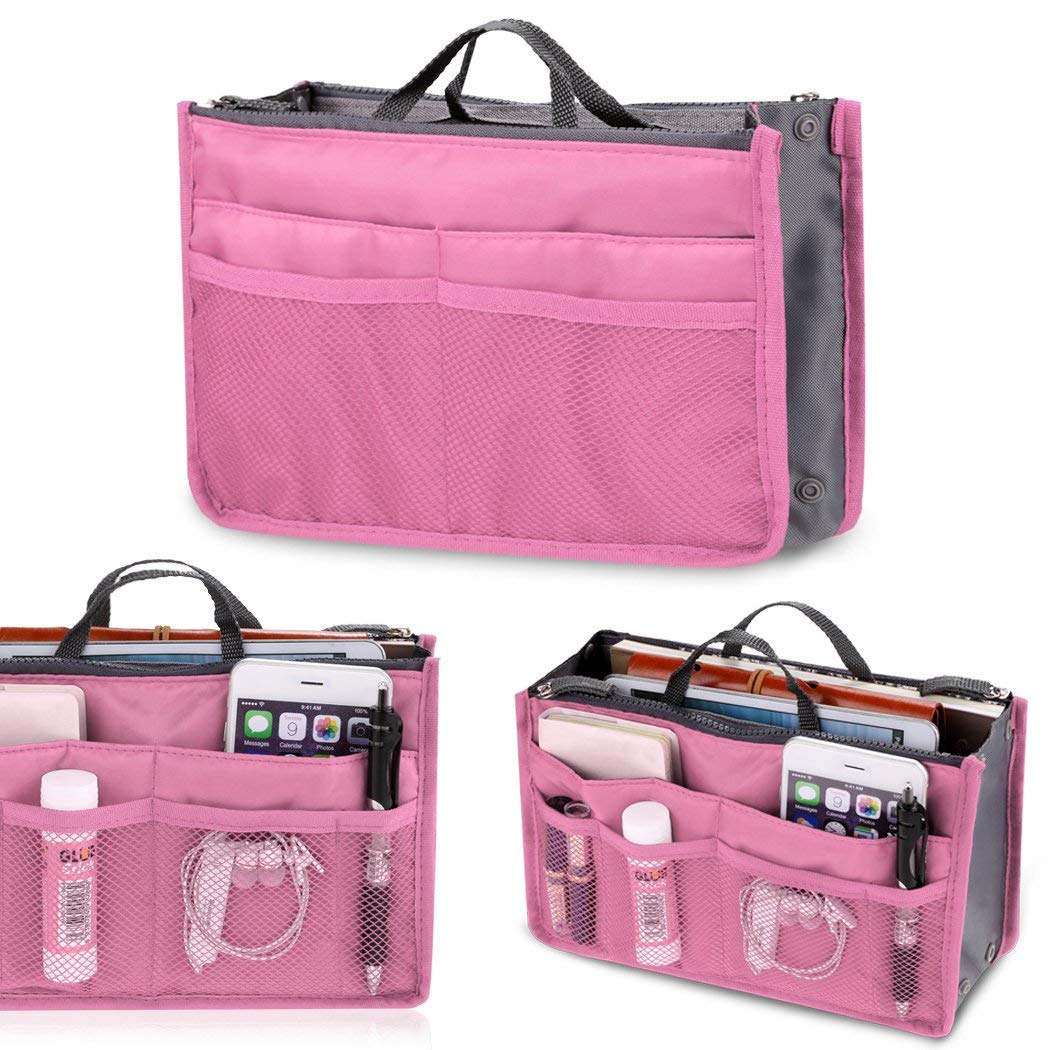 Fashion Women Multifunction Travel Cosmetic Makeup Insert Pouch Toiletry Organizer Handbag Storage Pur Closet Systems (Pink)