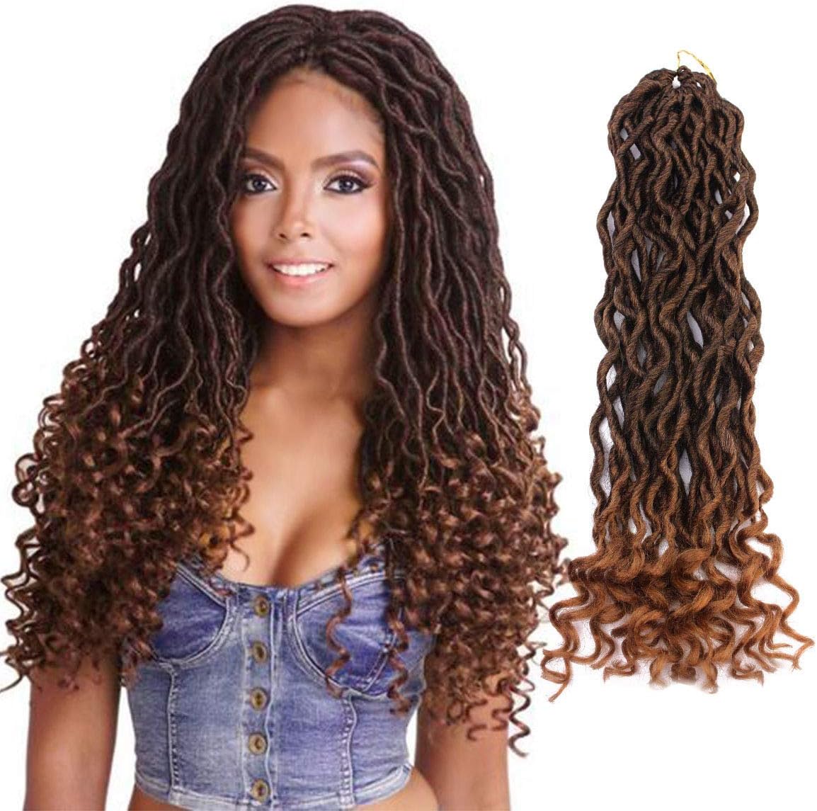 Eerya Goddess Faux Locs Crochet Hair Braids Wavy with Curly Ends Synthetic Hair Extensions Fauxlocs Fiber Braiding Hair Afro Kinky Soft Dread Dreadlocks (3Packs/Lot, 1B/27#)