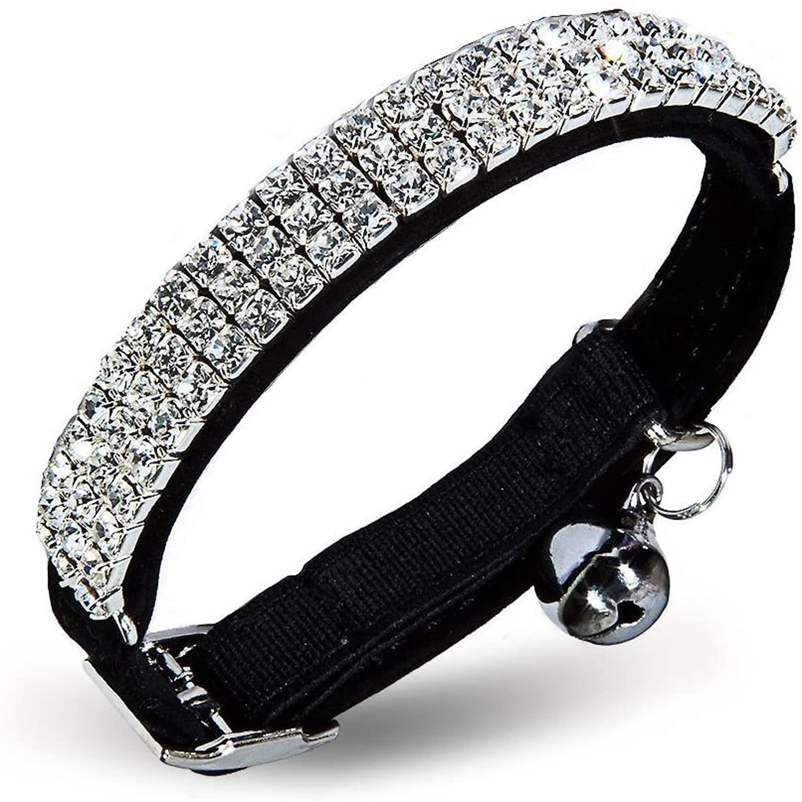 CHUKCHI HUKCHI Soft Velvet Safe Cat Adjustable Collar Bling Diamante With Bells,11 inch for small dogs and cats (Black)
