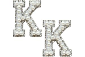 SOYCEV 2PCS White Pearl Iron on Letter Patches Rhinestone Letter Patches Sequin Letter Patches Sparkly Letter Patches for Backpacks Clothing (K)