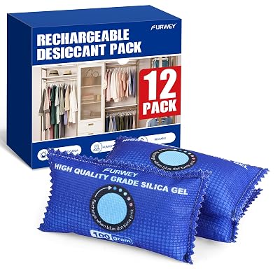 FURWEY 12 Pack Rechargeable Desiccant Packs, 100g Each, Blue, Color Indicating Silica Gel Dehumidifier Bags for Storage, Closets, Cars, Bins