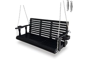 FORTUNE CANDY Wooden Porch Swing 3-Seater, High Backrest and Deep Seat, Bench Swing with Cupholders, Hanging Chains and 7mm Springs, Heavy Duty 880 LBS, for Outdoor Patio Garden (Carbon Black, 5 FT Extra Large)